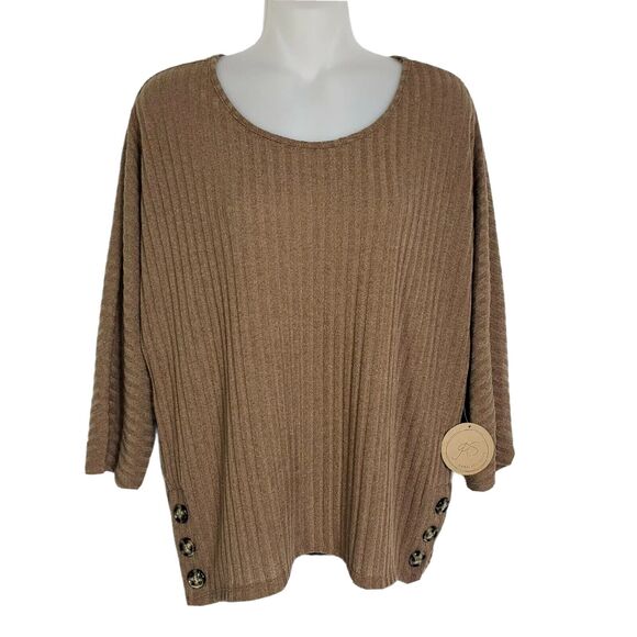 Parallel Skies Womens Sweater Size Large Ribbed Brown 3/4 Sleeve Dolman Buttons - Picture 1 of 8